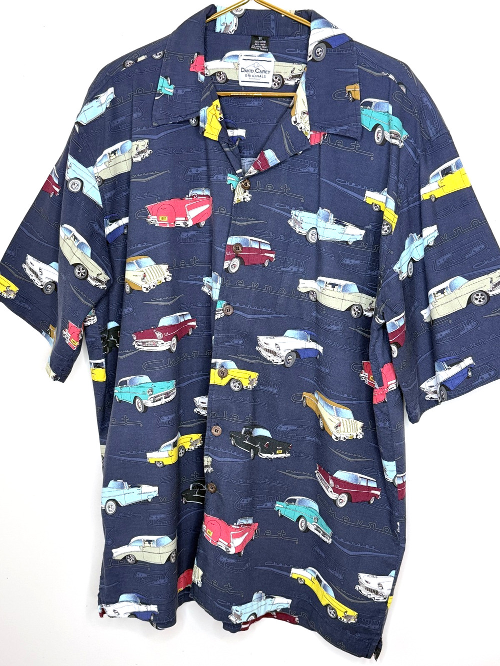 David Carey Originals Chevy Tri-% Navy Blue Camp Shirt w/Vtg Car Print Size 2X